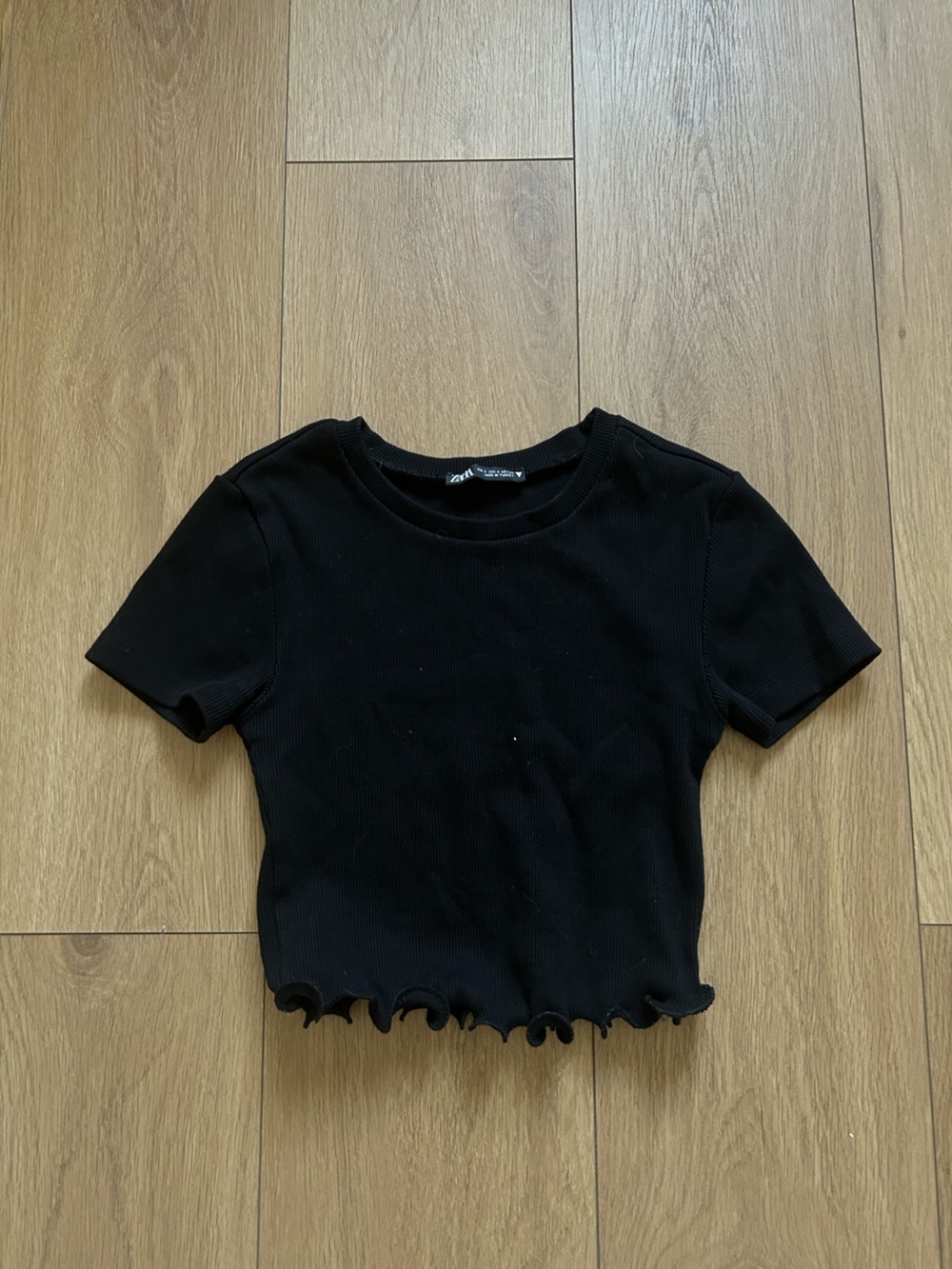Zara Black Ribbed Crop Top with Lettuce Hem